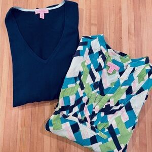 BUNDLE (2) Lilly Pulitzer V-Neck Colorful Blouse and Navy Sweater
